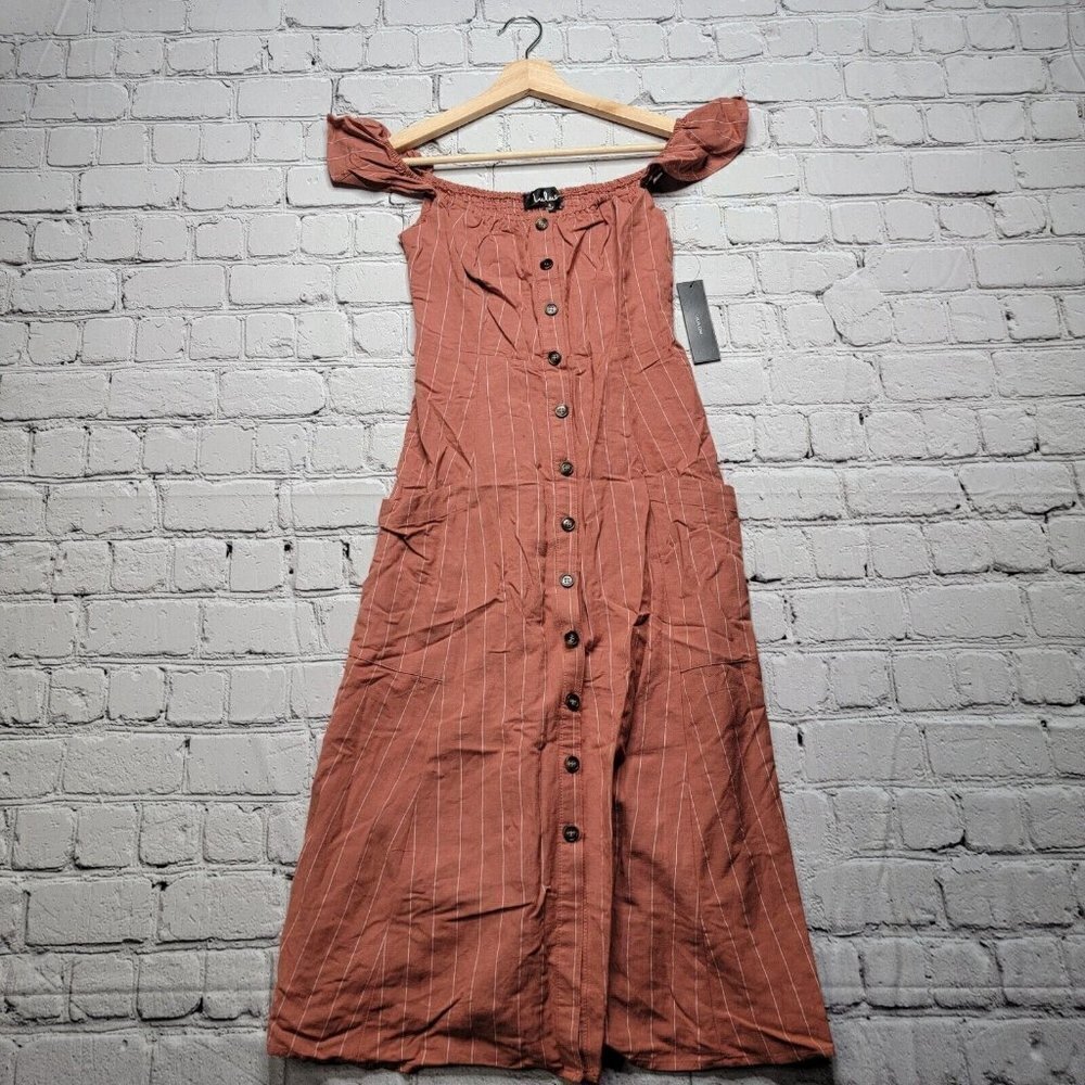 Lulu's‎ Shady Spot Rusty Rose Striped Off-the-Shoulder Midi Dress NWT Size S